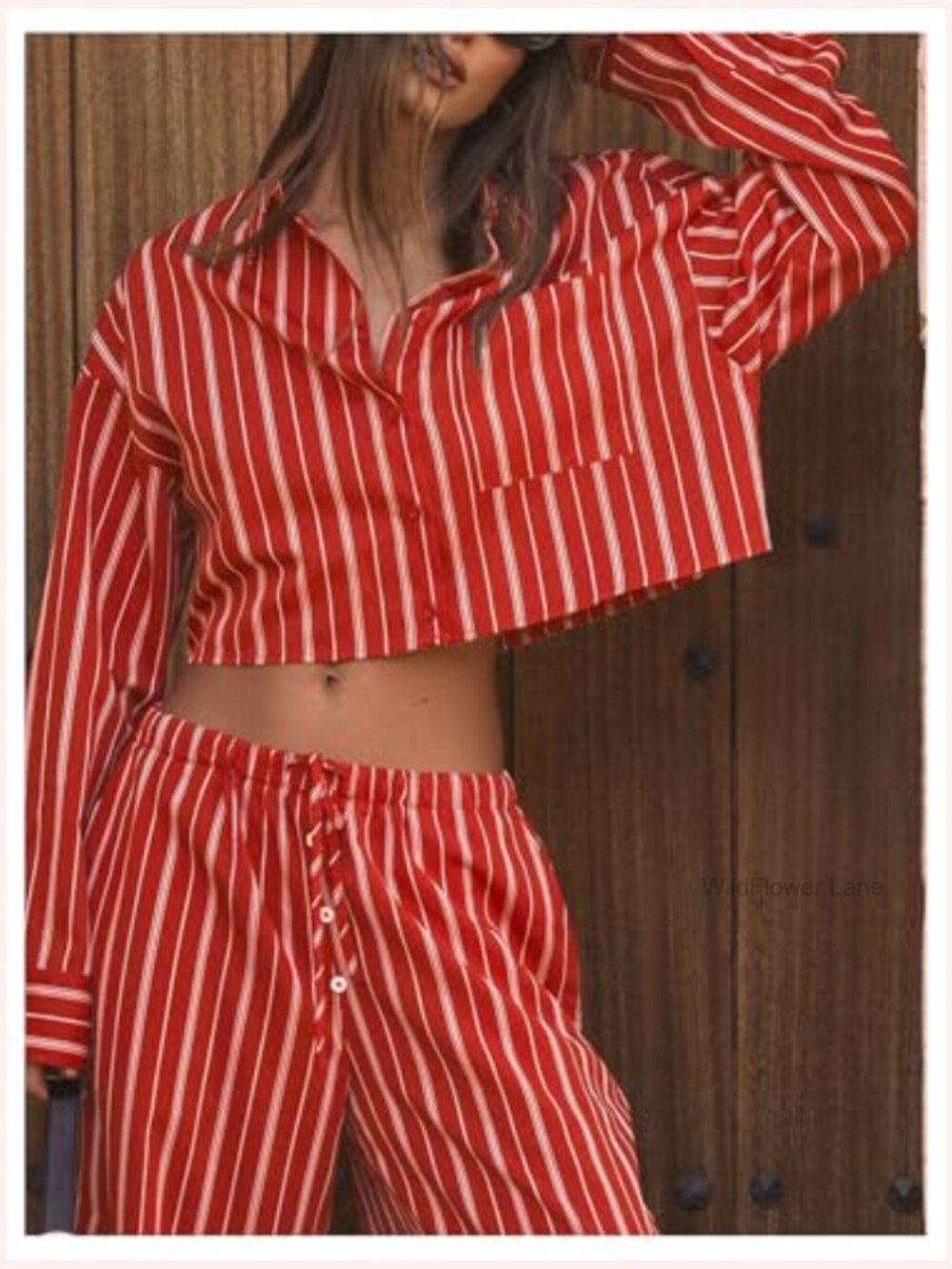 Striped Button Down Crop Top with Collared Neck and Pocket - Picture 5 of 5